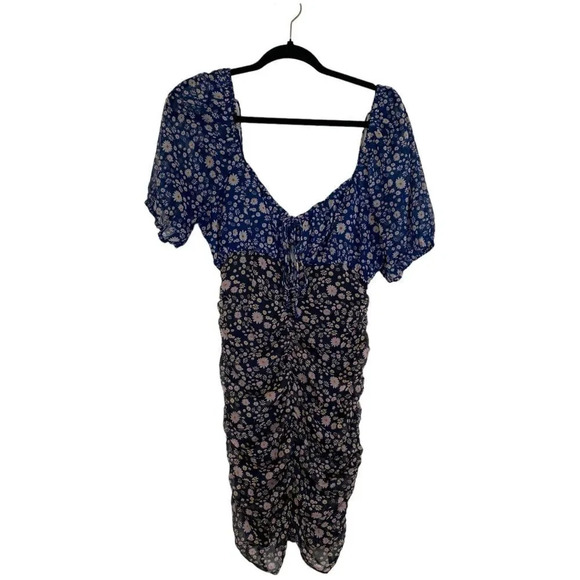 Free People X REVOLVE Tessa Mini Dress Black Blue Ditsy Floral Ruched Lined M - Picture 2 of 7